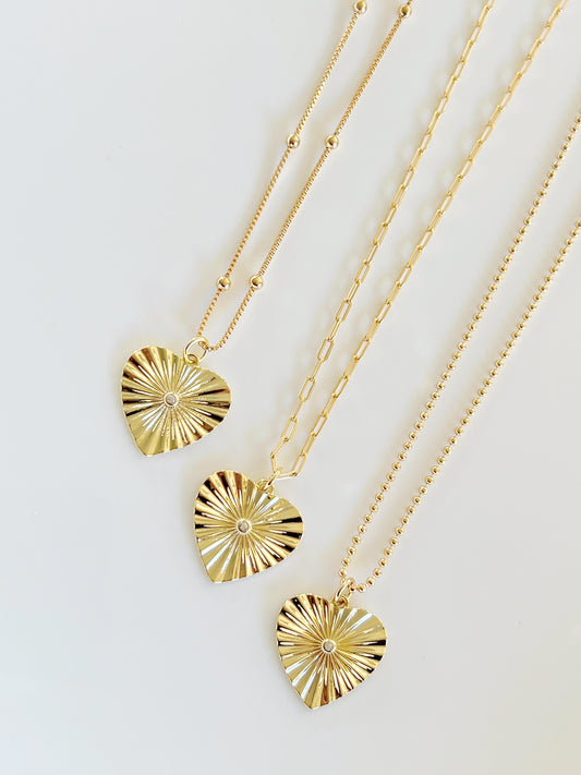 18k Gold Filled Sunburst Heart Pendant Necklace